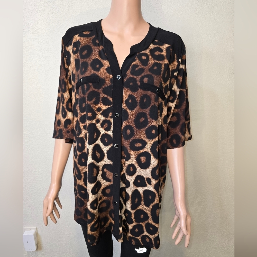 ELLIE McCarthy Blouse Women’s Sz 3X Button Down Leopard Print Polyester …